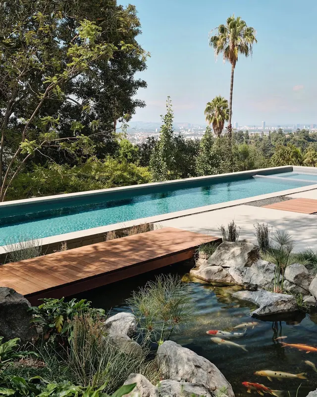 Infinity Pool and Koi Pond Landscape, photographic, luxury, vibrant