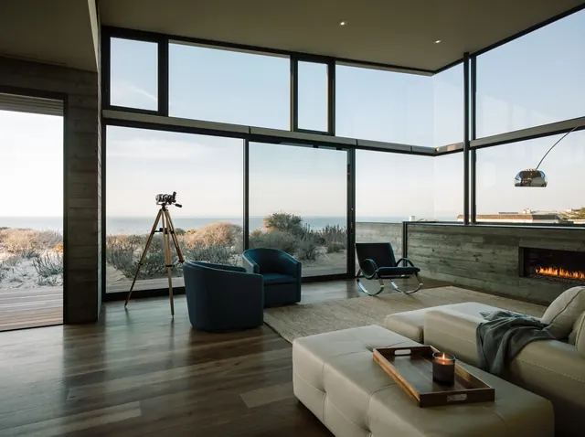 Modern Minimalist Interior with Coastal View, minimal, luxury, muted