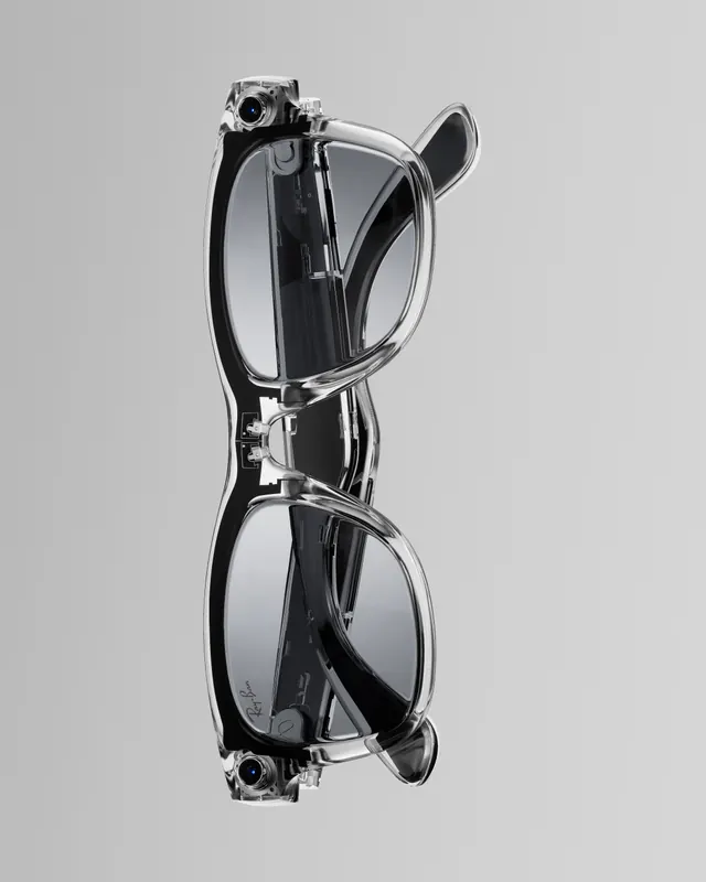 Ray-Ban Meta Wayfarer AI camera product visualization (slide 6), dark-mode, minimal, dark
