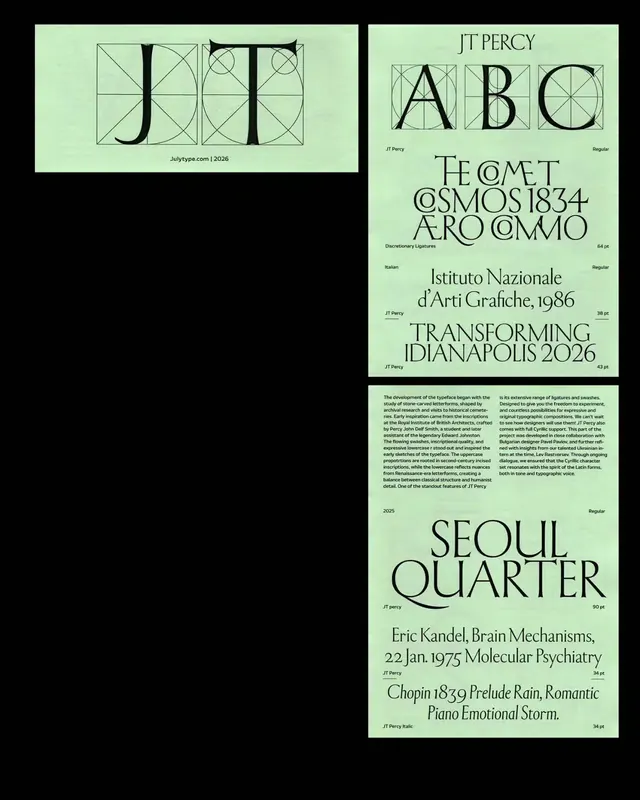 JT Percy typeface specimen and leaflet (slide 1)