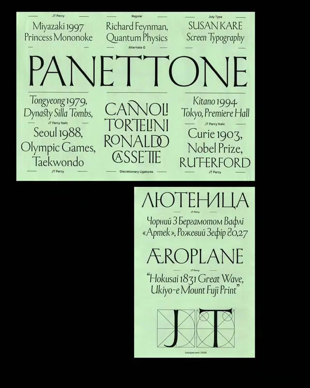 JT Percy typeface specimen and leaflet (slide 2)