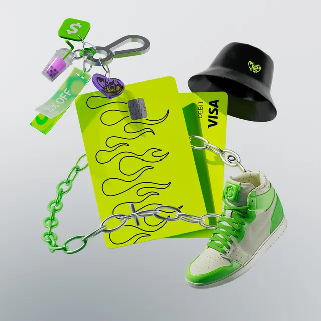 CashApp 3D product renders and branded elements (slide 6), 3d-render, photographic, vibrant
