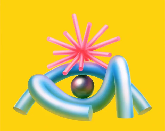 3D eye and light burst composition, 3d-render, playful, vibrant