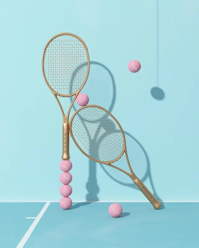 Tennis Racket and Ball Composition, minimal, 3d-render, light