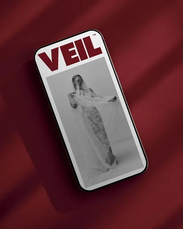 VEIL Brand Identity Mockup, minimal, brutalist, high-contrast