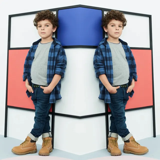 Child Portrait with Geometric Frames, minimal, geometric, high-contrast