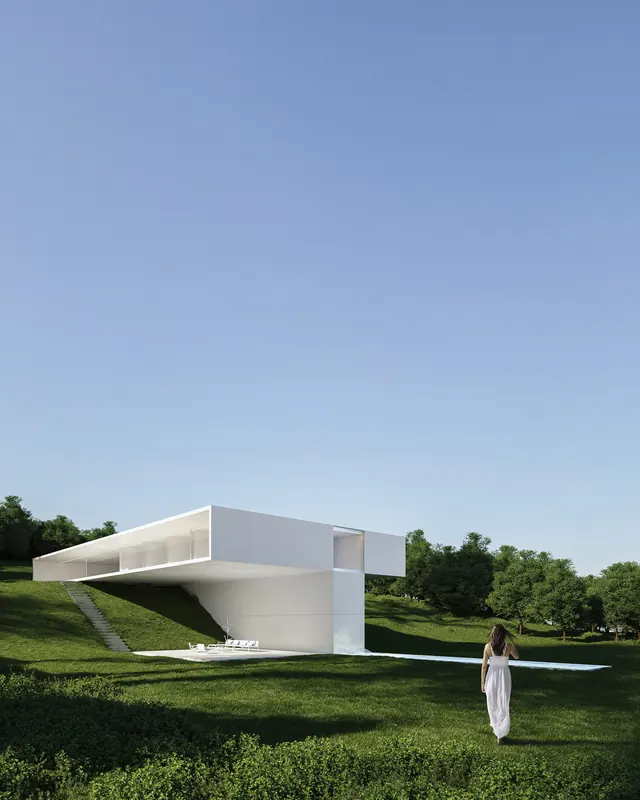 Modernist Pavilion Architecture, minimal, corporate-clean, light
