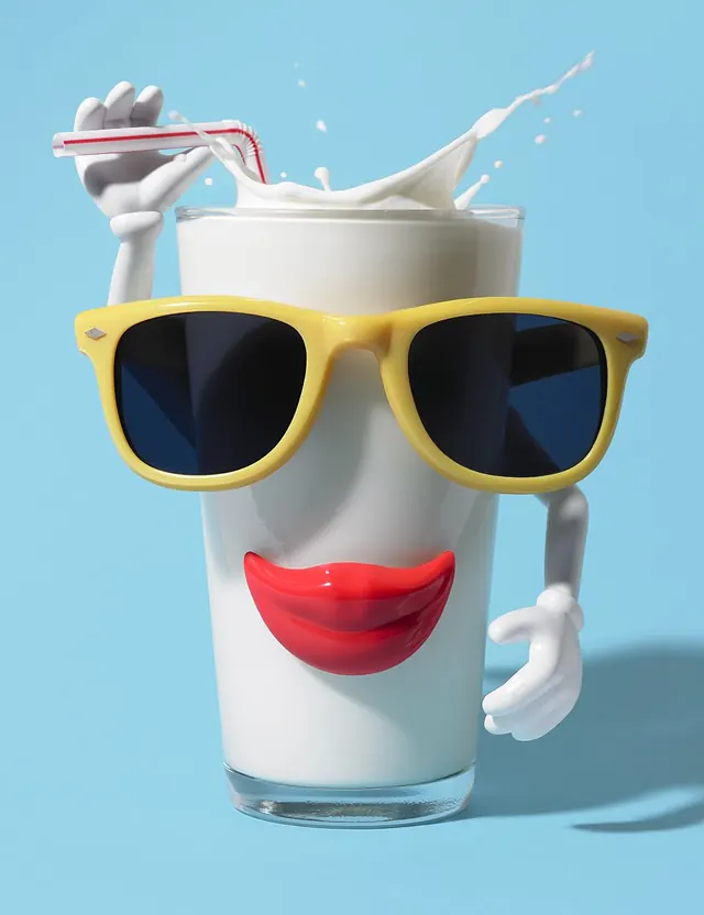 Personified milk carton with sunglasses and red lips, 3d-render, playful, light