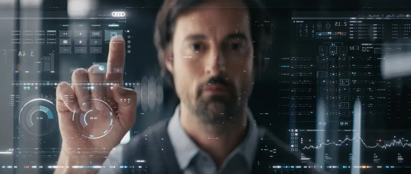 HUD interface with hand gesture, technical, 3d-render, dark