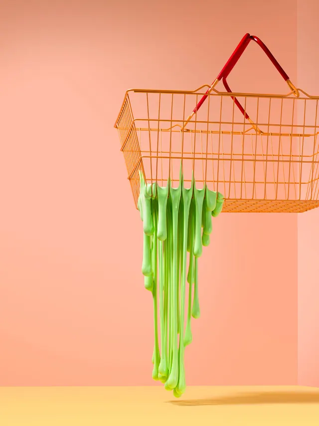 Slime dripping from shopping basket, playful, 3d-render, vibrant