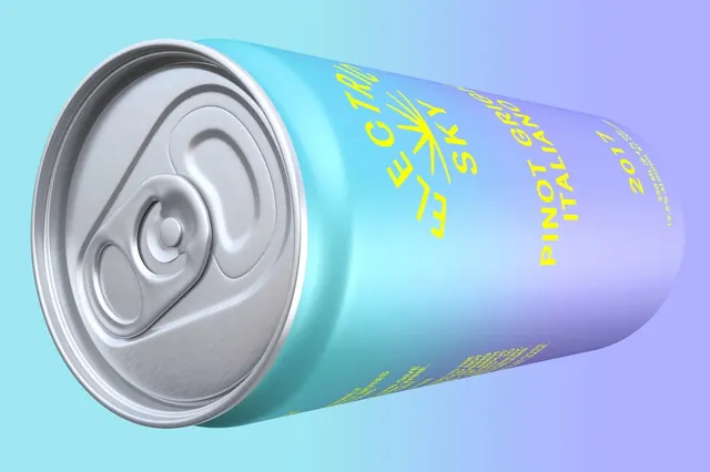 3D rendered beverage can with gradient and yellow text, 3d-render, gradient-heavy, vibrant