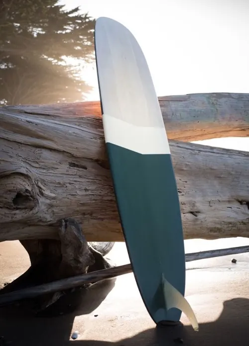 Surfboard design mockup on driftwood, photographic, minimal, warm