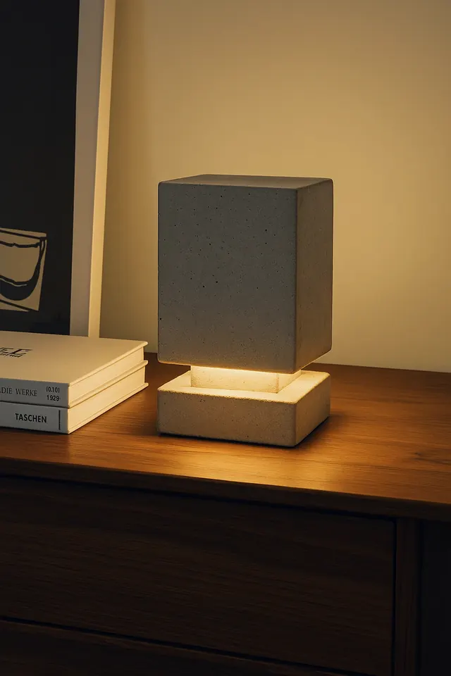 Concrete block lamp with warm base glow, minimal, 3d-render, dark