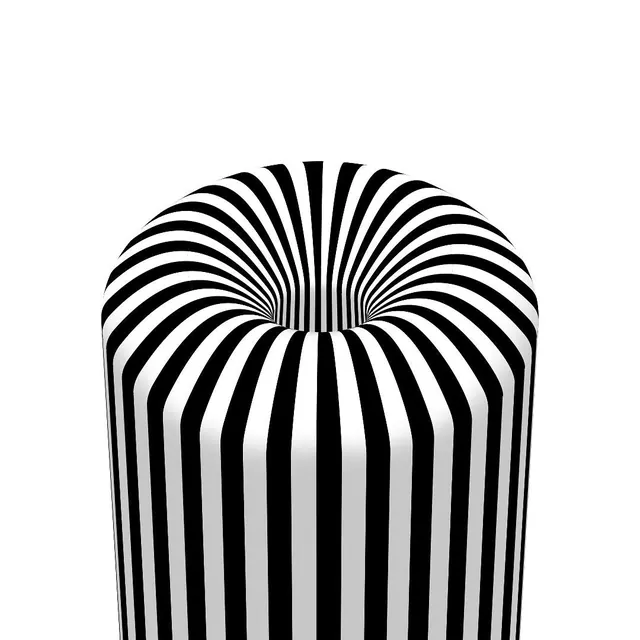 Op-art striped 3D form with radial distortion, geometric, abstract, monochrome
