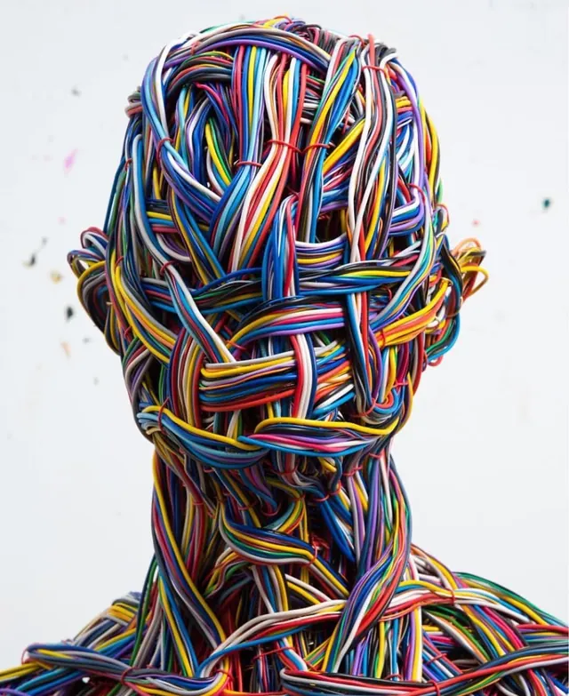 Abstract head sculpture in multicolor cable bundles, abstract, 3d-render, vibrant