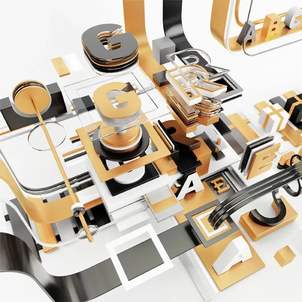 3D typographic composition with gold accents, 3d-render, geometric, warm