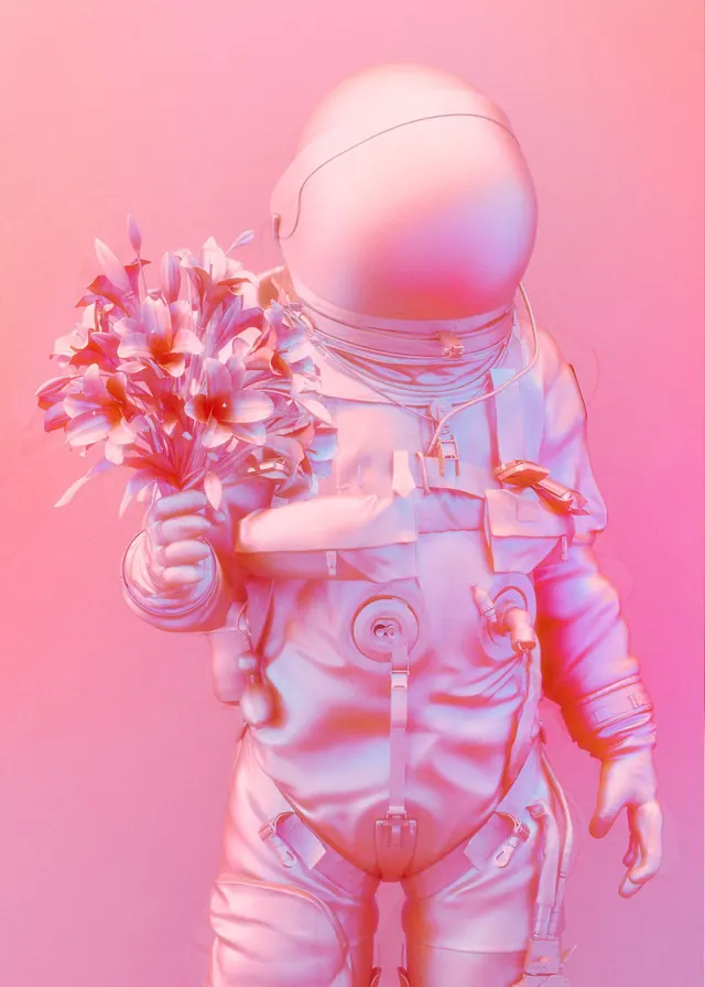 3D astronaut holding flowers gradient illustration, 3d-render, illustrated, vibrant