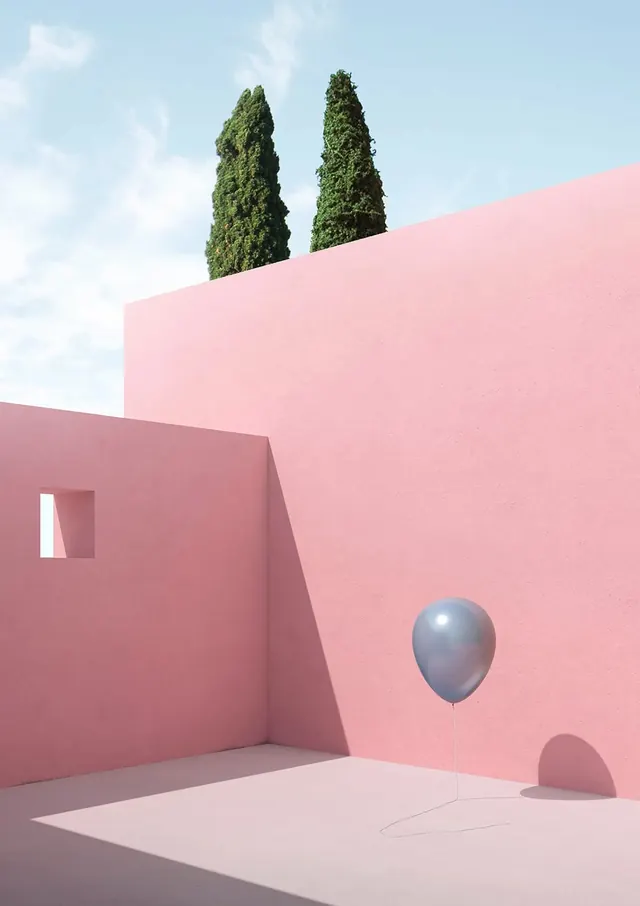 Surreal architectural composition with cypress trees, 3d-render, minimalist, pastel