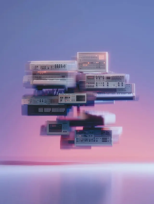 Retro synth hardware stacked 3D render, 3d-render, gradient-heavy, pastel