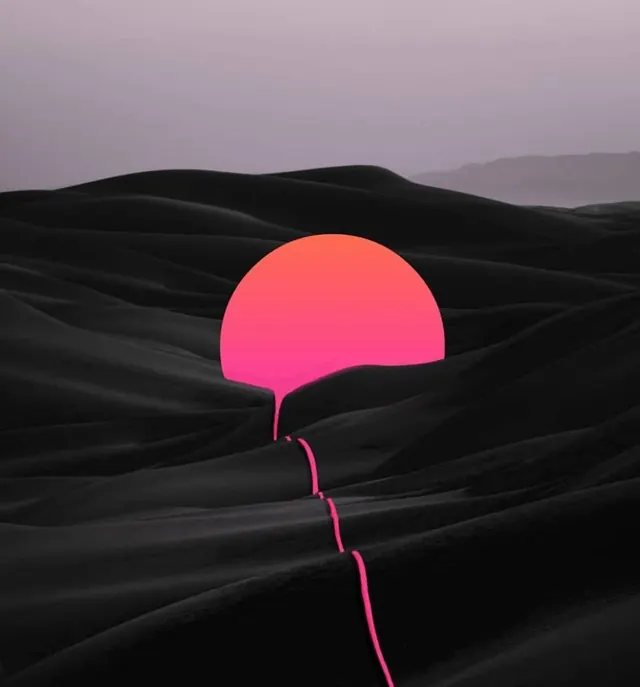 Neon circle over dark landscape, photographic, abstract, dark