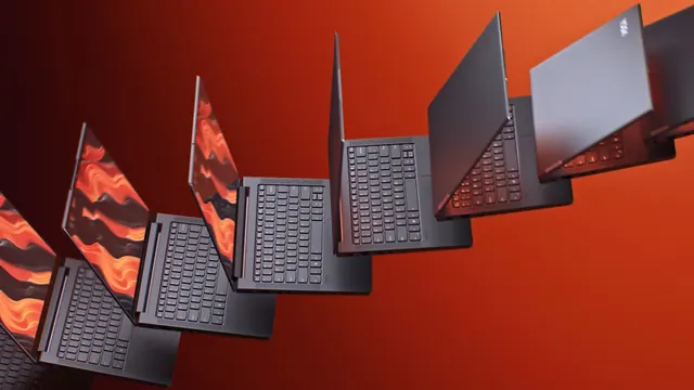 Laptop lineup with gradient background, 3d-render, gradient-heavy, warm