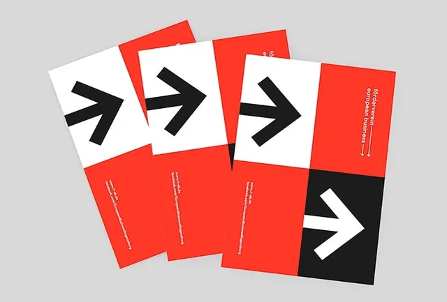 Directional print design with arrow symbols and gradient backgrounds, geometric, swiss, vibrant