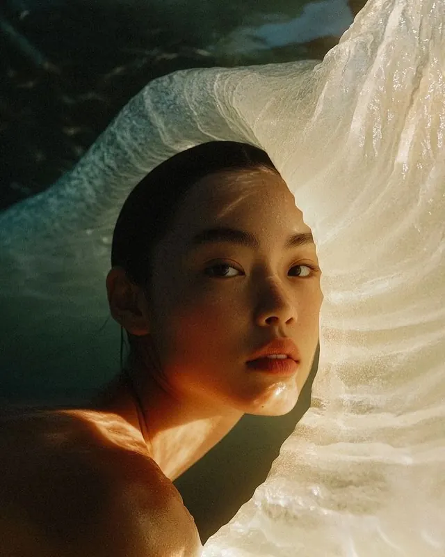 Ethereal Portrait with Fabric, organic, photographic, high-contrast
