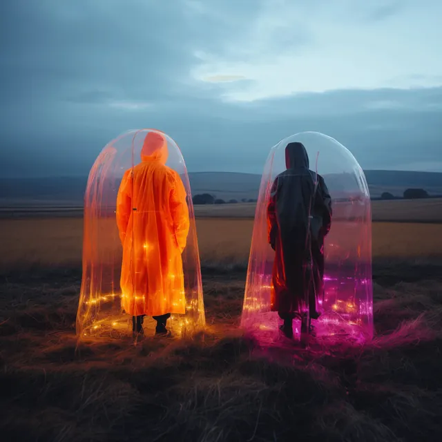 Figures in Glowing Domes, abstract, gradient-heavy, dark