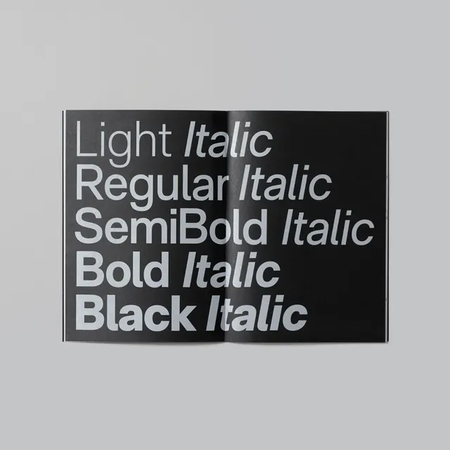 RM Neue type specimen spread, minimal, swiss, dark