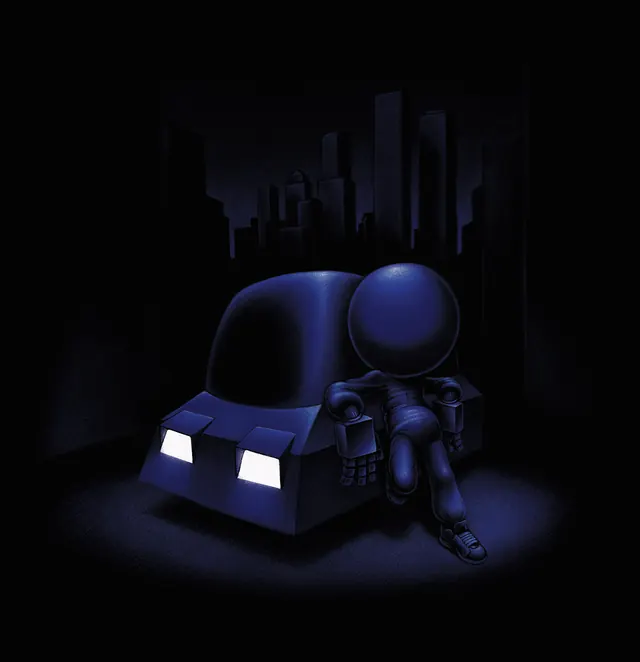 Astronaut and Vehicle in Dark Cityscape