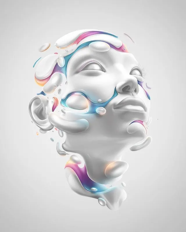 3D Rendered Face with Flowing Liquid Color, abstract, 3d-render, light