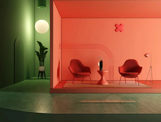 Red-green surreal interior render, 3d-render, minimal, vibrant