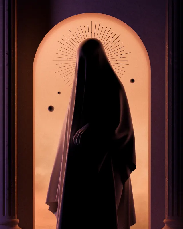 Hooded figure in peach arch portal, 3d-render, abstract, dark