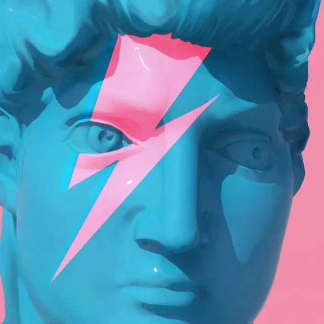 Blue David bust with lightning bolt, 3d-render, retro, vibrant