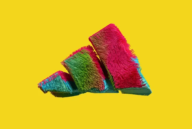 Furry multicolor Adidas logo render, 3d-render, playful, vibrant
