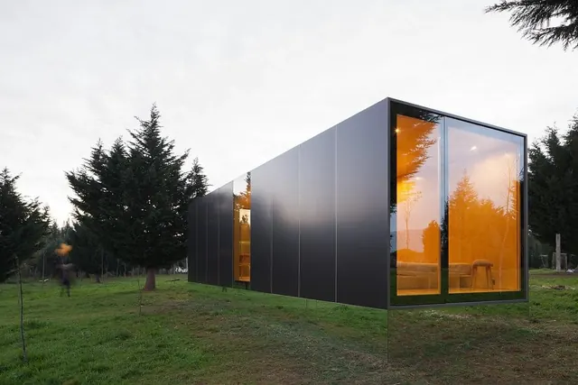 Modern Architectural Structure in Field, minimal, geometric, dark