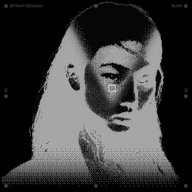 Bitmap dithered portrait poster, technical, minimal, monochrome
