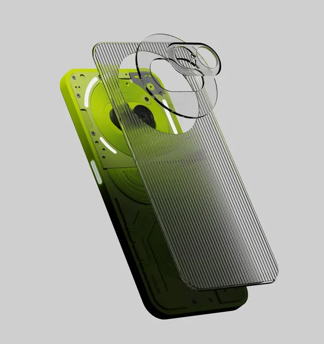 Nothing Phone lime green exploded render, 3d-render, minimal, vibrant