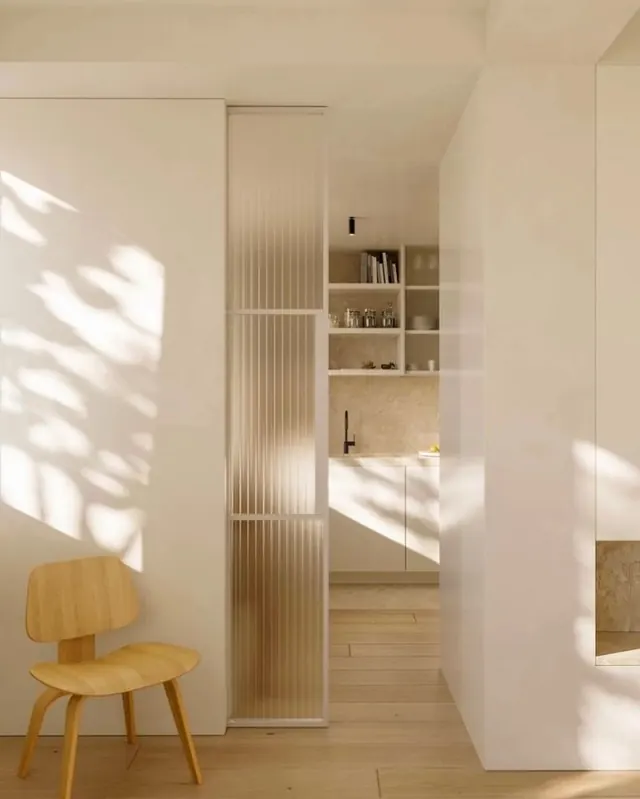 Minimalist Interior with Slatted Wood Screen, minimal, light-mode, light