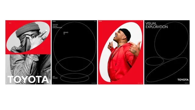 Toyota Brand Identity Spread, minimal, editorial, monochrome