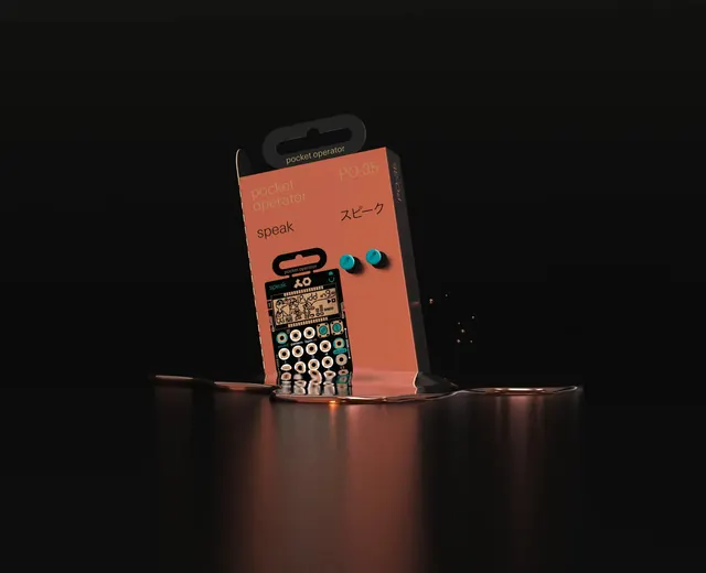 Teenage Engineering PO-35 product display, photographic, minimal, dark