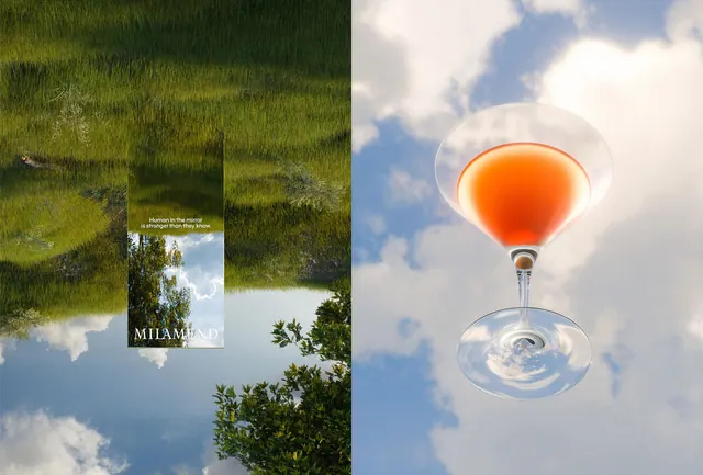 Landscape and Wine Glass Composition, photographic, abstract, vibrant