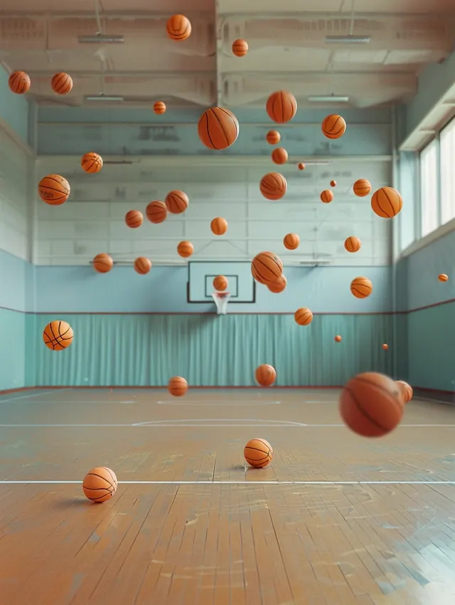 Floating Spheres in Industrial Space, 3d-render, minimal, warm