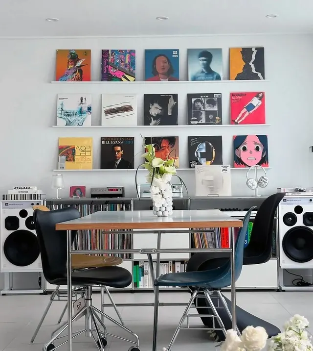 Music Studio Interior with Gallery Wall, minimal, corporate-clean, light