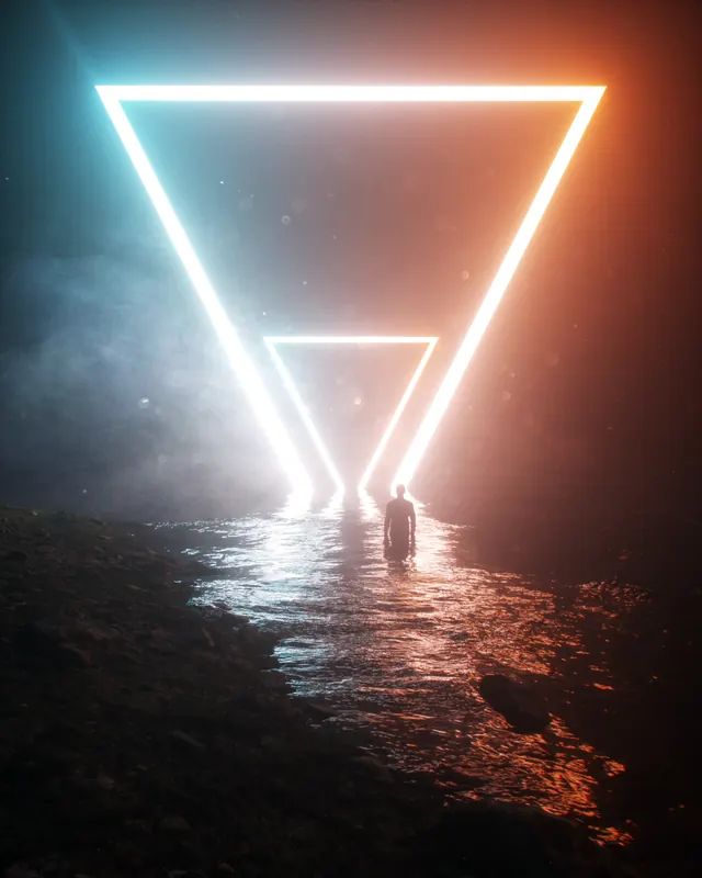 Neon Triangle Portal Landscape, dark-mode, gradient-heavy, high-contrast