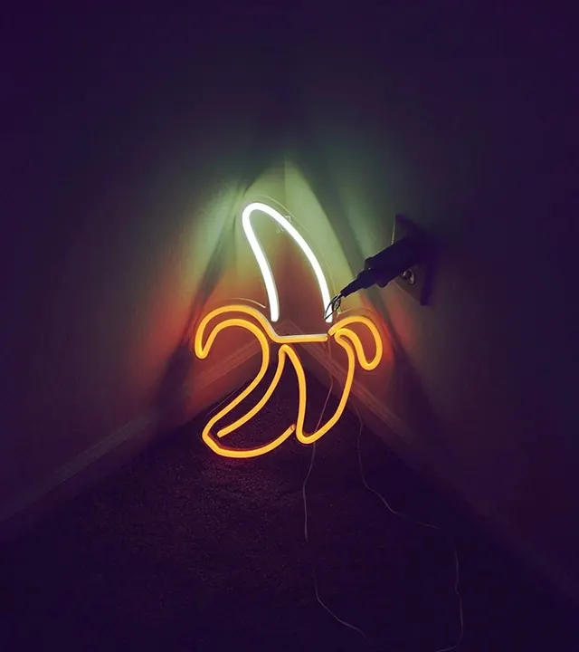 Neon Banana Light Installation, dark-mode, abstract, vibrant