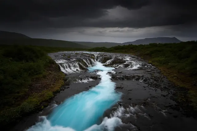 Blue Waterfall Landscape, photographic, dark-mode, dark