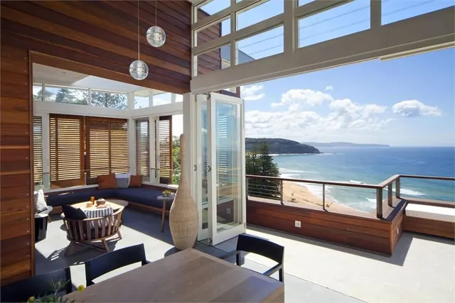 Modern Coastal Interior with Ocean View, luxury, photographic, warm