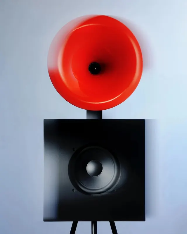 Red and Black Speaker Composition, minimal, geometric, high-contrast