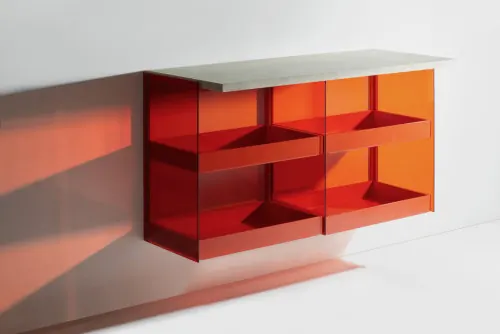 Red and Orange Modular Shelving, minimal, geometric, high-contrast